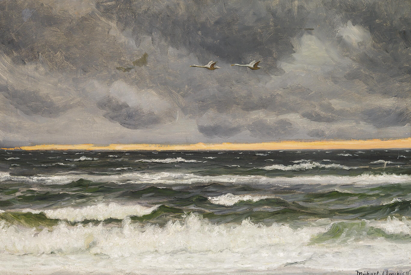 Due cigni che volano sopra il Mare del Nord al tramonto. - Michael Peter Ancher