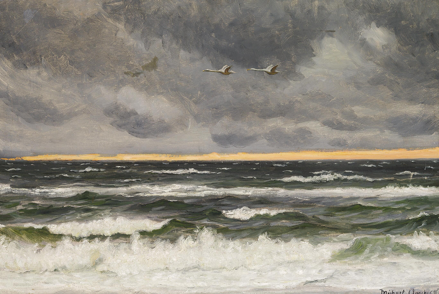 Due cigni che volano sopra il Mare del Nord al tramonto. - Michael Peter Ancher