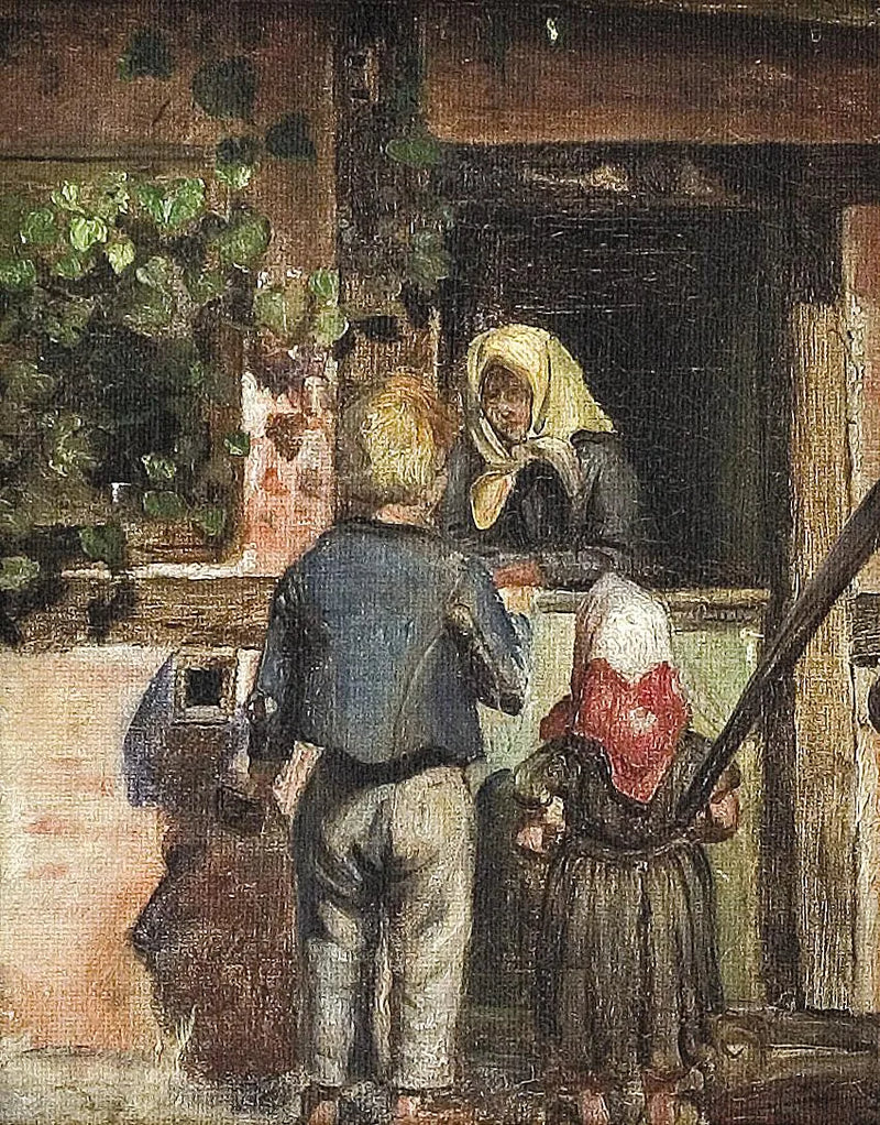 Due bambini e una donna anziana sono in piedi davanti a una porta. - Anna Ancher