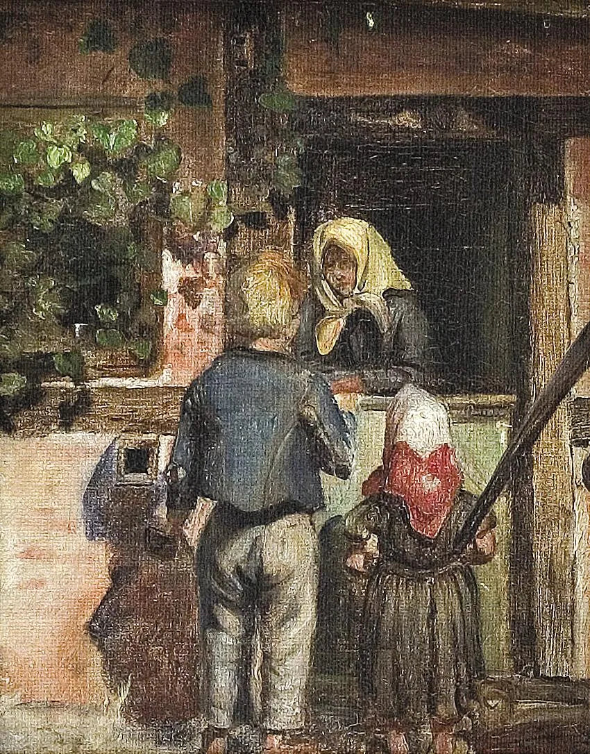 Due bambini e una donna anziana sono in piedi davanti a una porta. - Anna Ancher