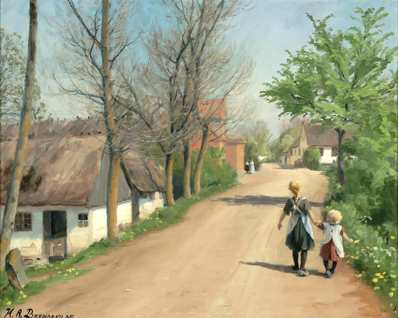 Due bambini che camminano mano nella mano su una strada di paese. - H. A. Brendekilde