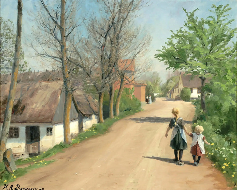Due bambini che camminano mano nella mano su una strada di paese. - H. A. Brendekilde