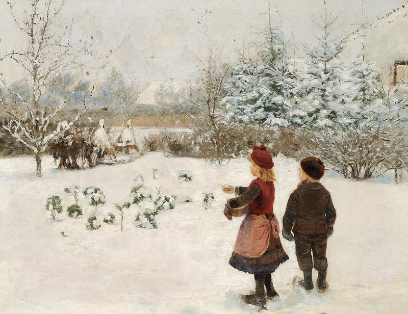 Due bambini nutrono gli uccelli nella neve. - H. A. Brendekilde