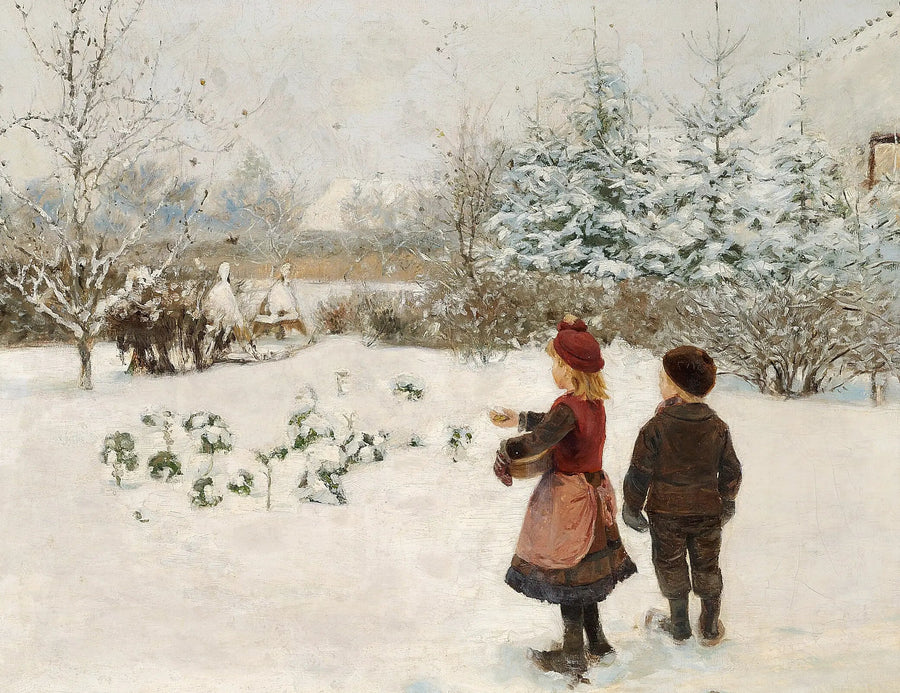 Due bambini nutrono gli uccelli nella neve. - H. A. Brendekilde