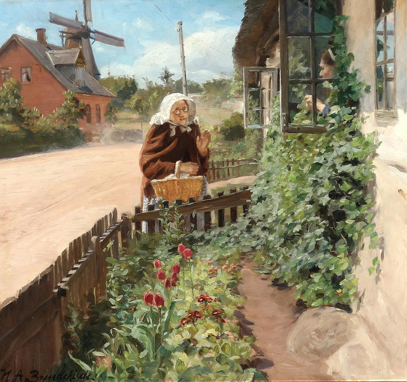 Due donne discutono attraverso una finestra. - H. A. Brendekilde