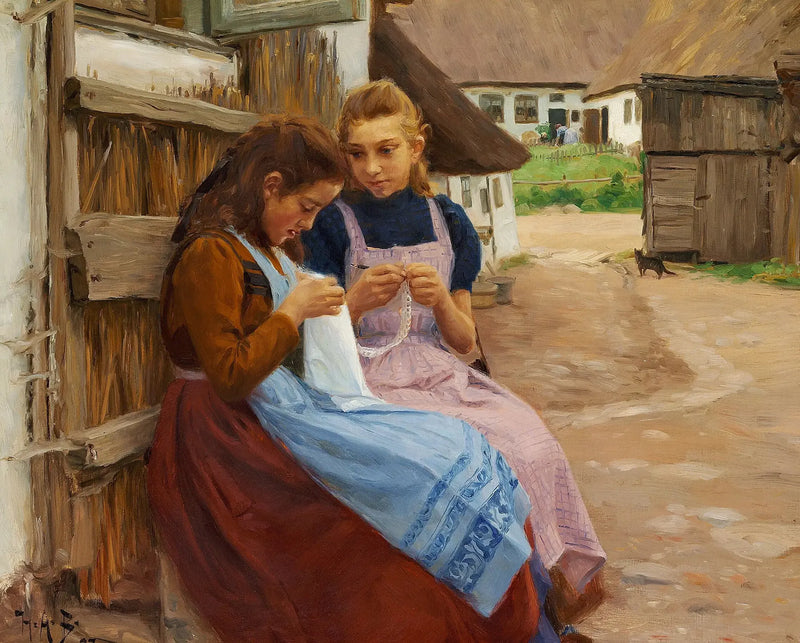Due ragazze con lavori a maglia sedute nel cortile di una fattoria. - H. A. Brendekilde