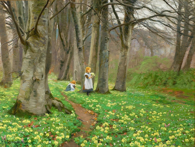 Due ragazze raccolgono fiori in una foresta in primavera. - H. A. Brendekilde