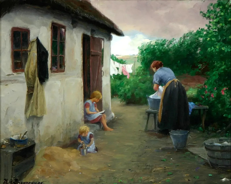 Due ragazze e la loro madre vicino a una fattoria. - H. A. Brendekilde