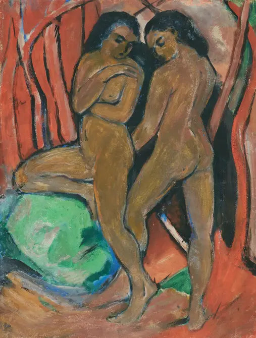 Due ragazze nude in piedi con una pietra verde - Franz Marc
