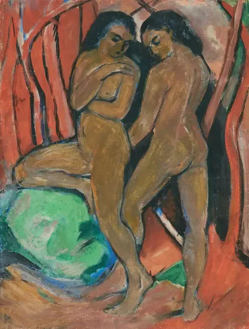 Due ragazze nude in piedi con una pietra verde - Franz Marc