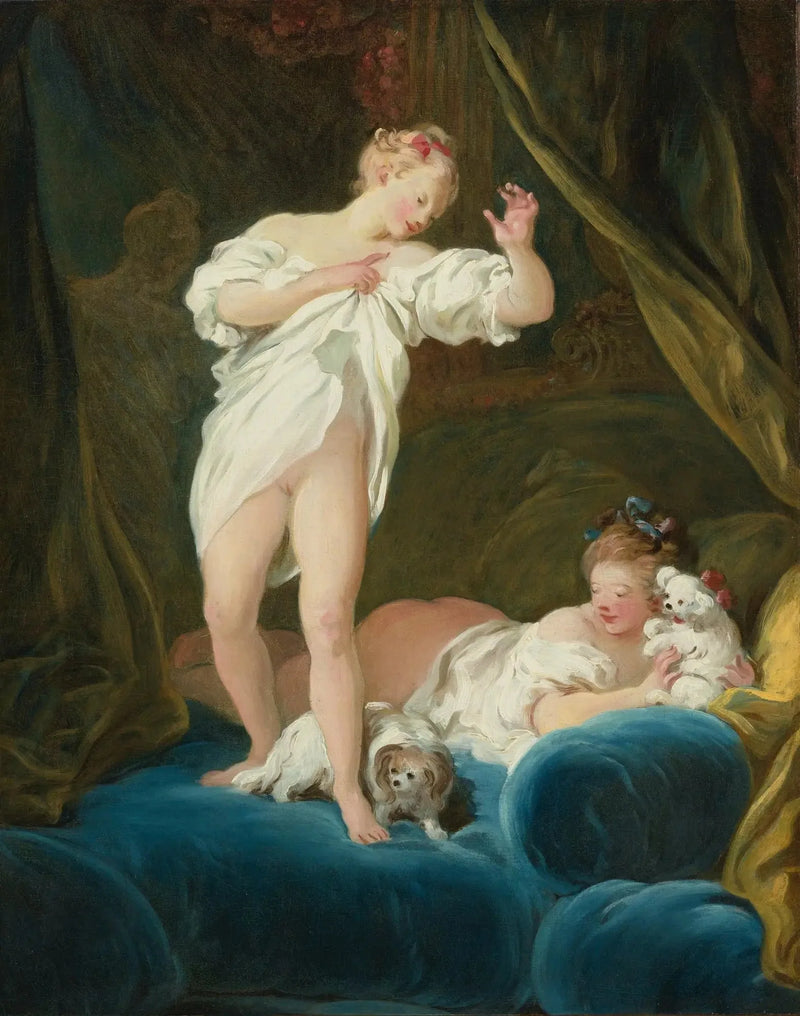 Due ragazze su un letto che giocano con i loro cani - Jean-Honoré Fragonard