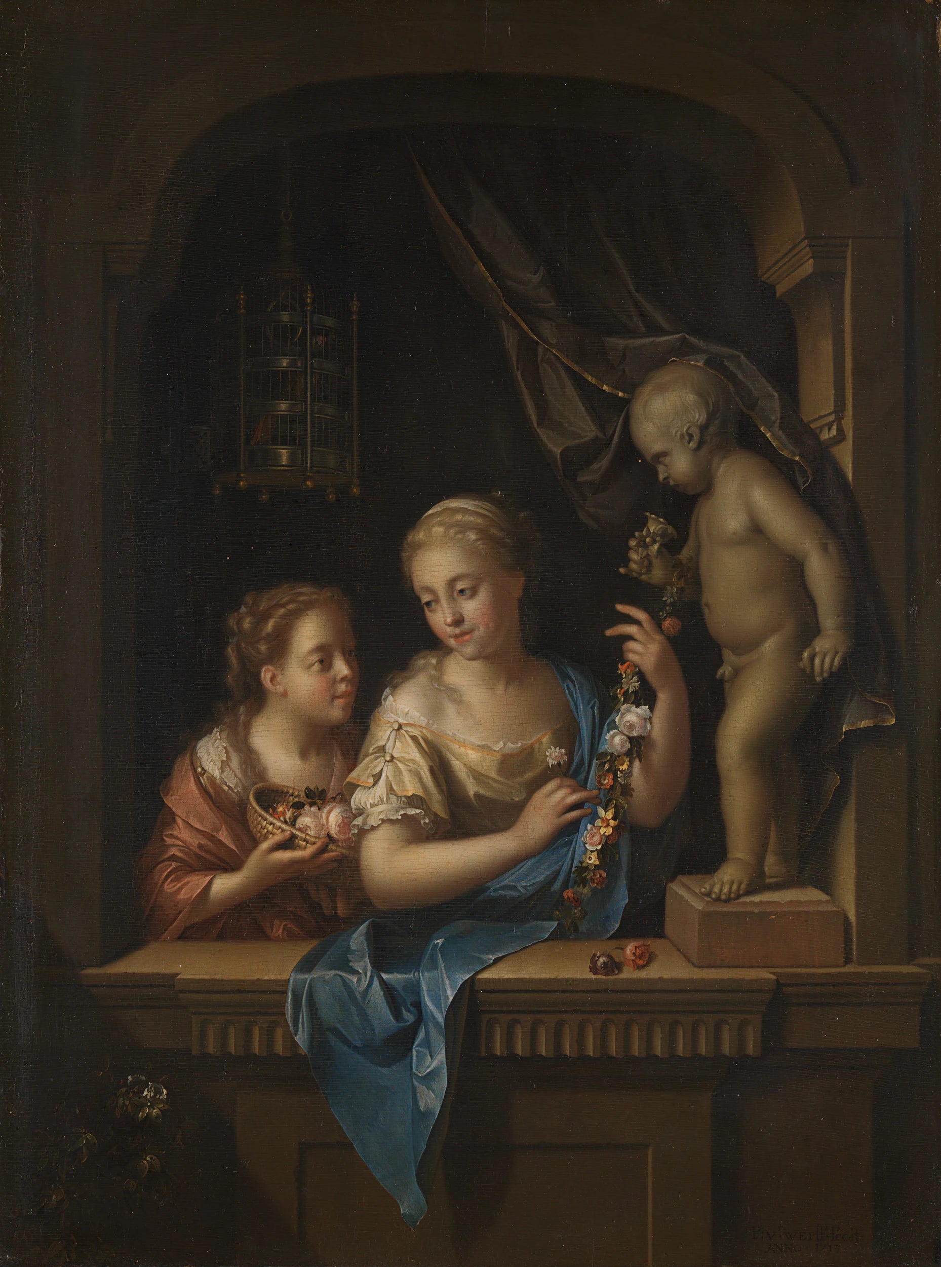 Deux jeunes filles avec des fleurs près d'une statue de Cupidon - Pieter van der Werff