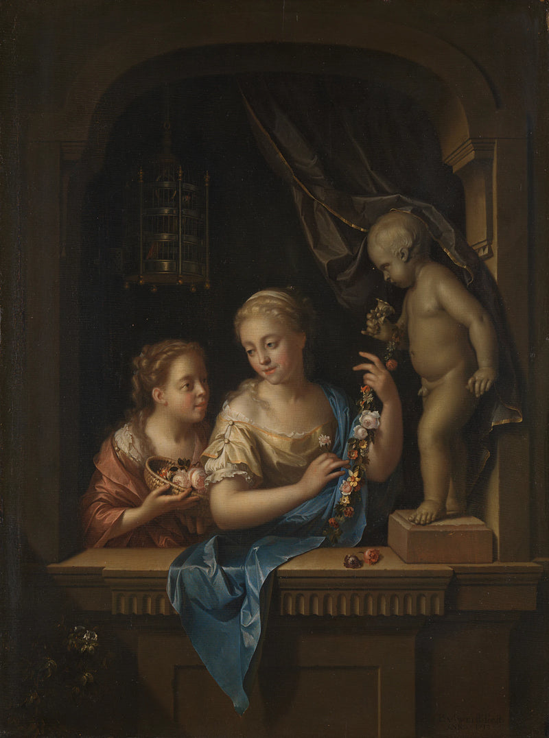 Deux jeunes filles avec des fleurs près d'une statue de Cupidon - Pieter van der Werff