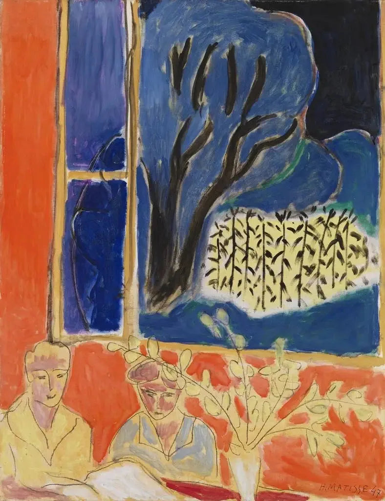 Deux jeunes filles dans un intérieur de corail, jardin bleu (Deux fillettes, fond corail, jardin bleu) - Henri Matisse image 1 reproduction de peinture à l’huile