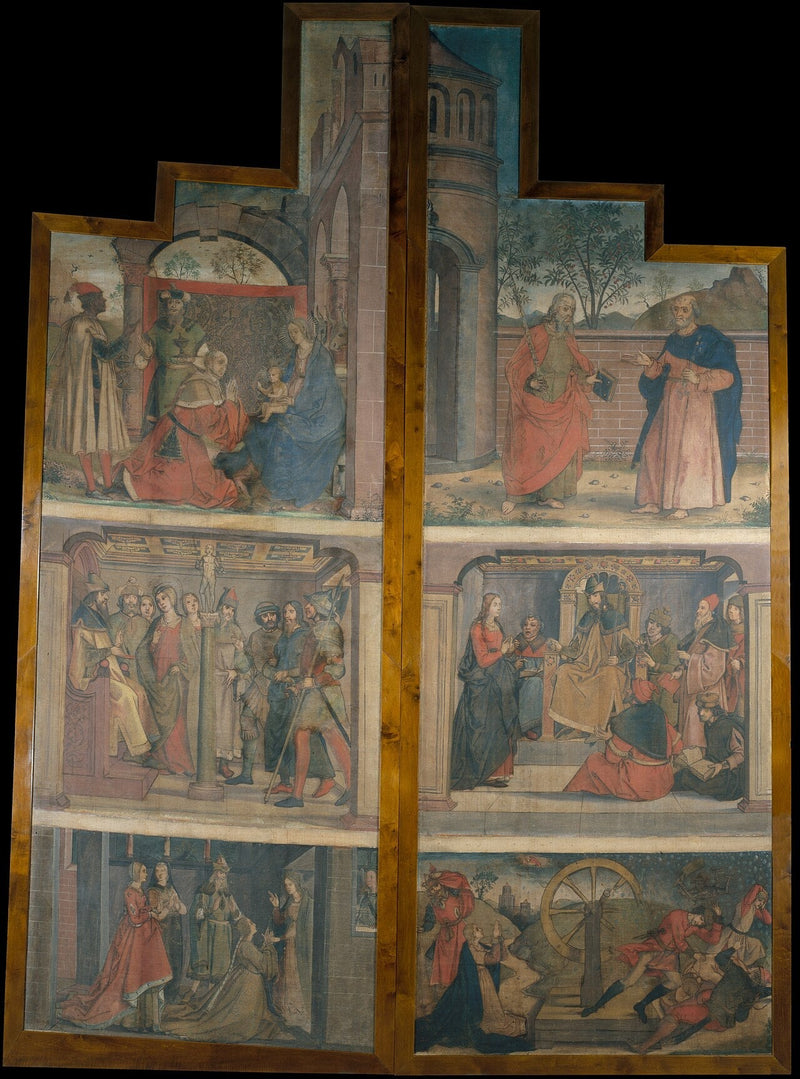 Due tovaglie provenienti dalle porte di un retablo ornato di scene della vita di santa Caterina - Pedro Berruguete