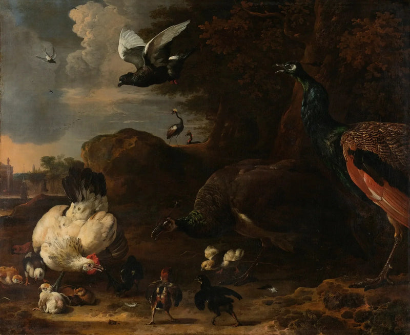 Due pavoni minacciando una gallina con pulcini, conosciuta come « la gallina minacciata » - Melchior de Hondecoeter