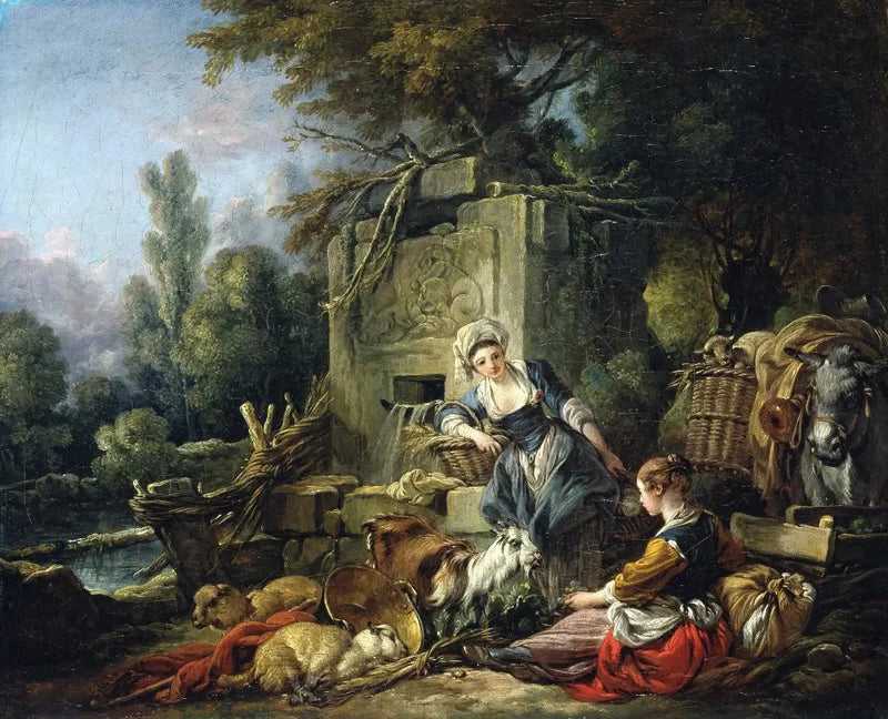 Due contadine vicino a una fontana rustica - François Boucher