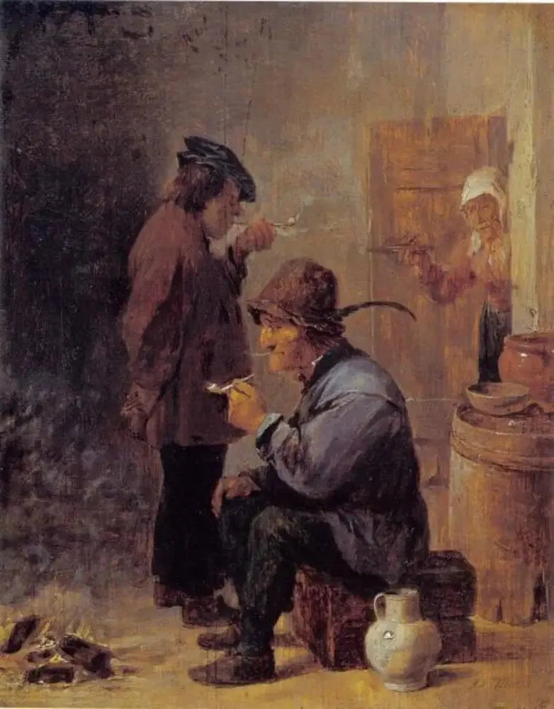 Deux paysans fumeurs au feu de charbon - David Teniers le Jeune image 1 reproduction de peinture à l’huile