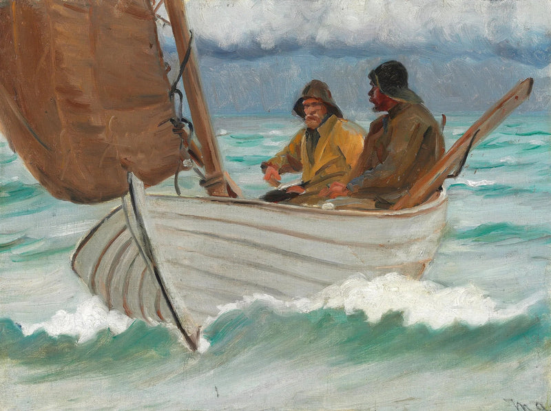 Due pescatori di Skagen a bordo di una barca a vela al largo della costa. - Michael Peter Ancher