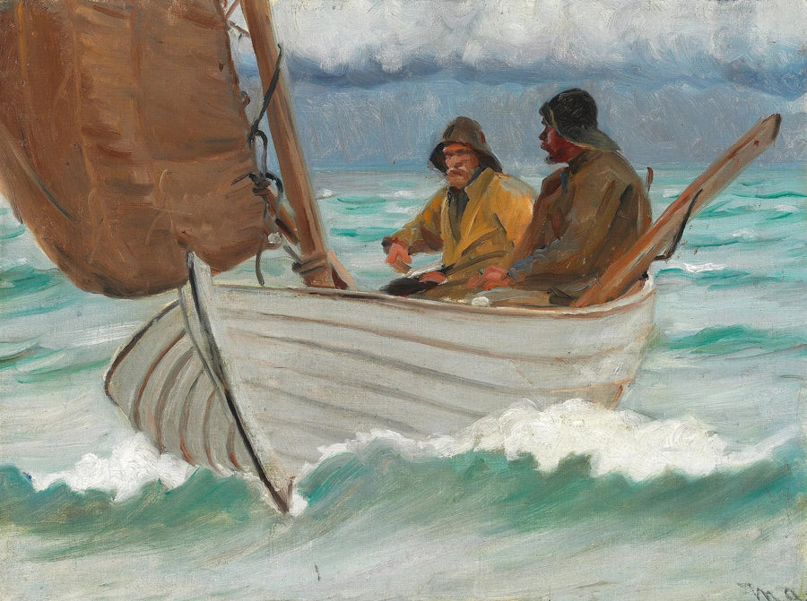 Due pescatori di Skagen a bordo di una barca a vela al largo della costa. - Michael Peter Ancher