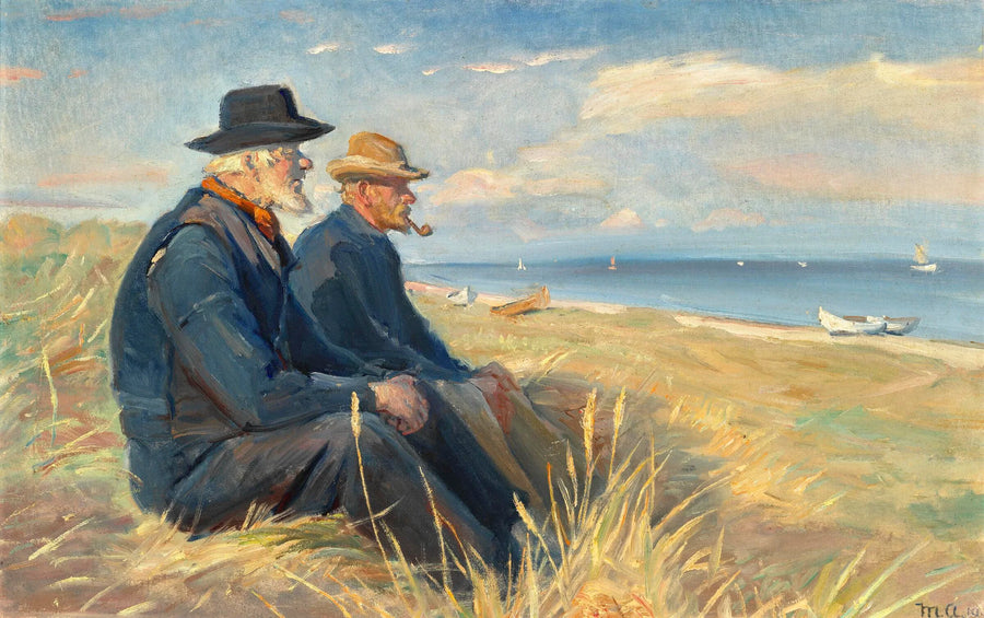 Due pescatori di Skagen, seduti al sole pomeridiano sulle dune della spiaggia di Skagen, osservano il mare. - Michael Peter Ancher