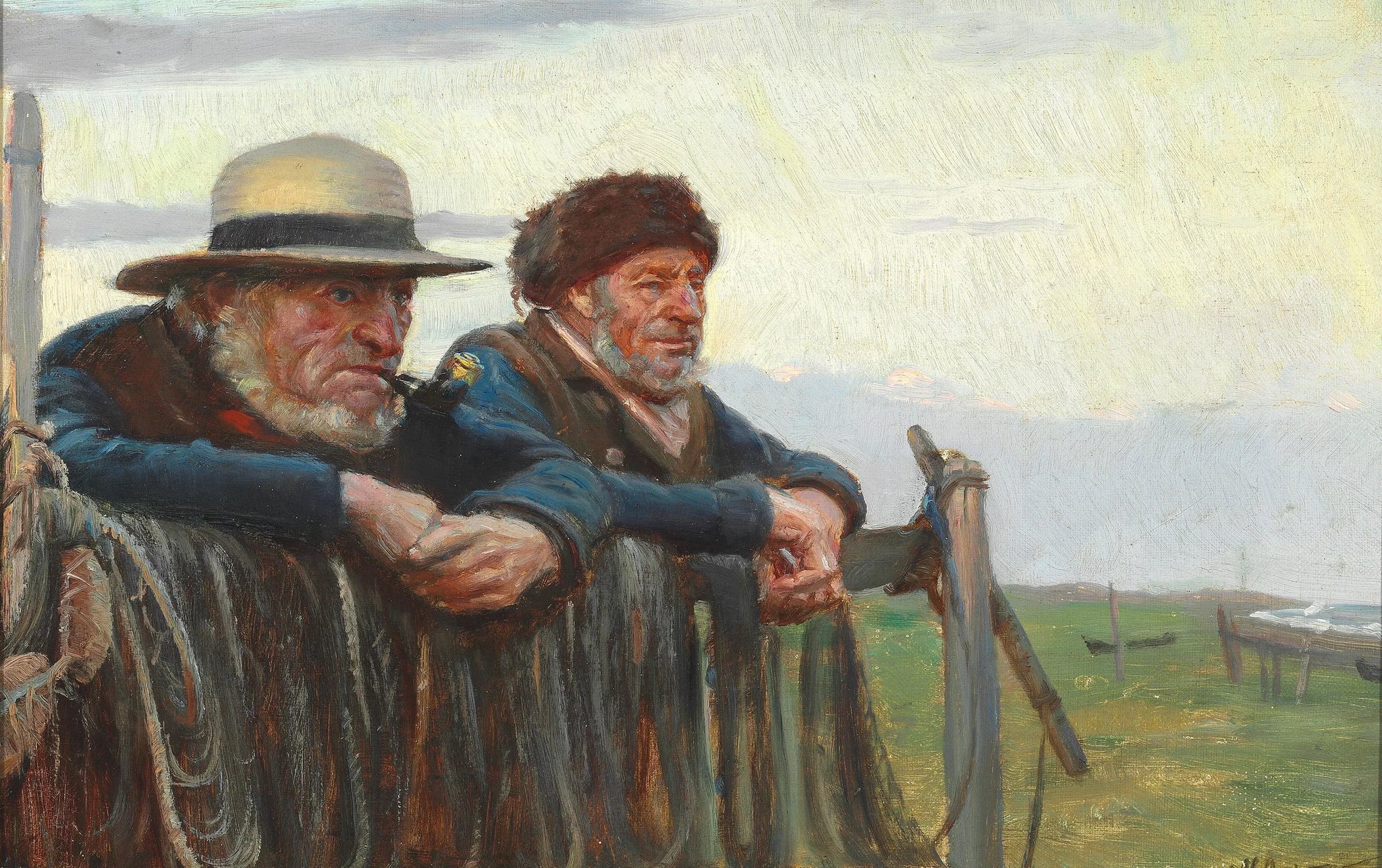 Deux pêcheurs observent la mer sur la plage de Skagen. - Michael Peter Ancher image 1 tableau peint à l’huile sur toile