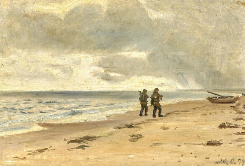 Due pescatori sulla spiaggia. Cielo grigio sopra il mare. - Michael Peter Ancher
