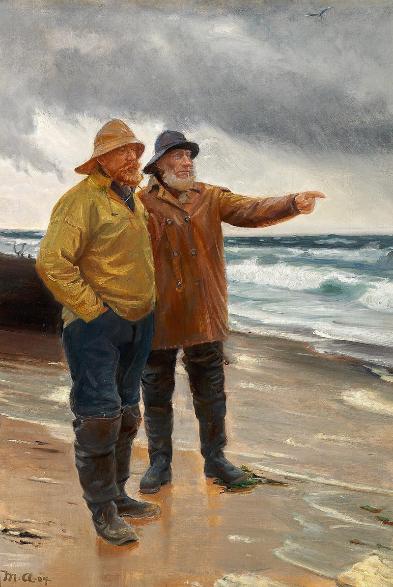 Due pescatori sulla spiaggia. Uno di loro indica il mare. - Michael Peter Ancher