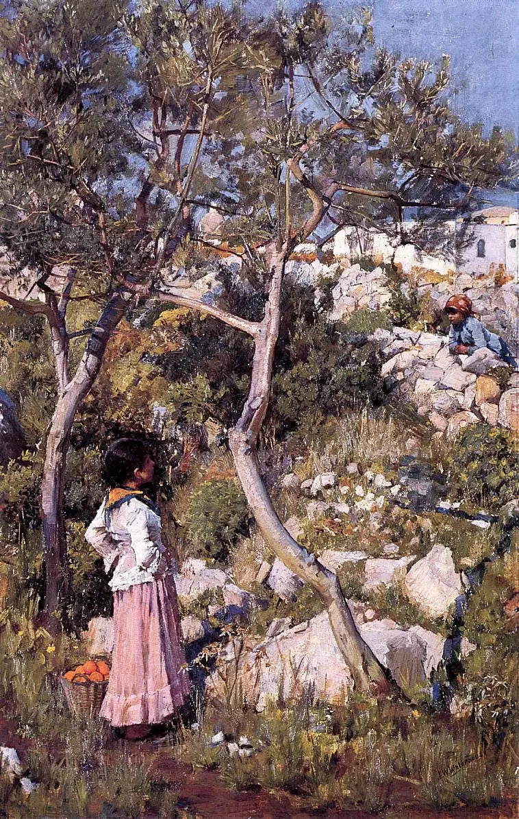 Due piccole ragazze italiane vicino a un villaggio - John William Waterhouse