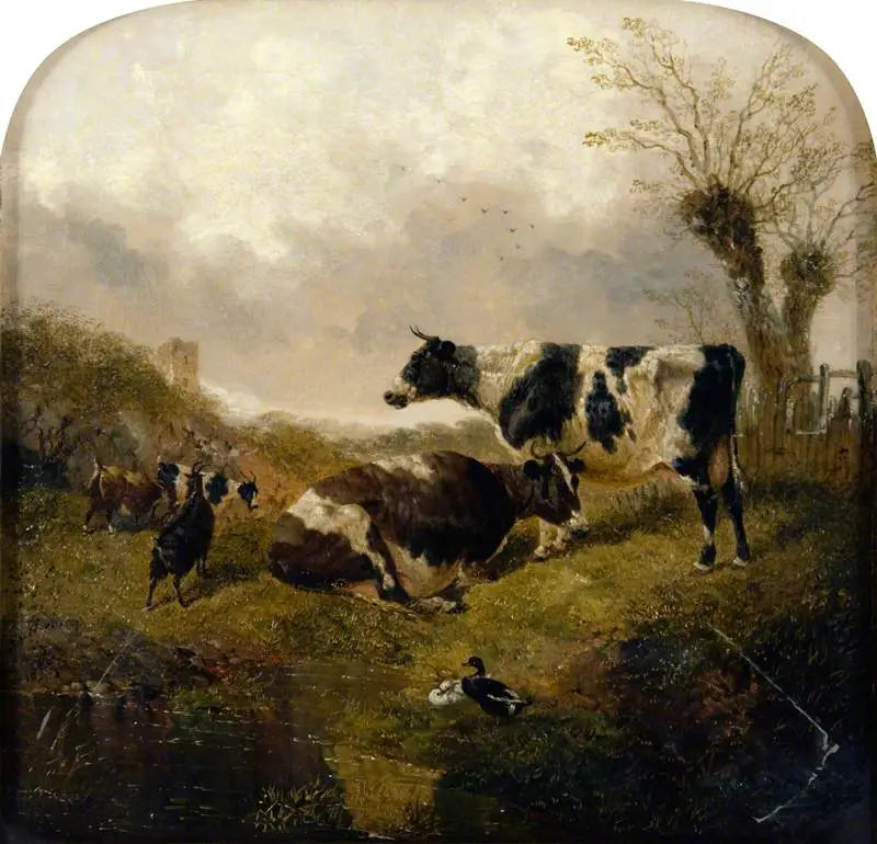 Due mucche con capre e anatre in un paesaggio - John Frederick Herring, Sr.