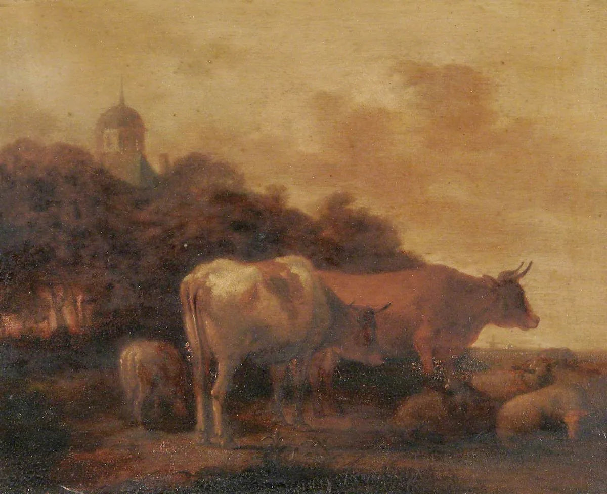 Du bétail dans un champ, un village au-delà d'un bois - Adriaen van de Velde image 1 reproduction de peinture à l’huile