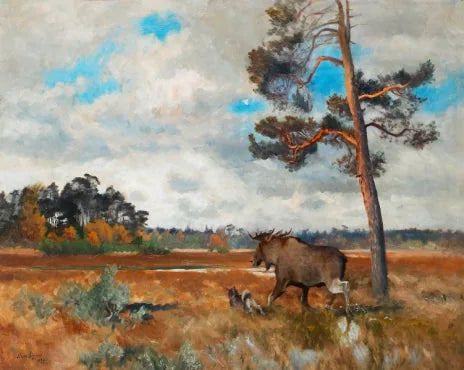 Alce e cane da alce norvegese in un paesaggio autunnale - Bruno Liljefors