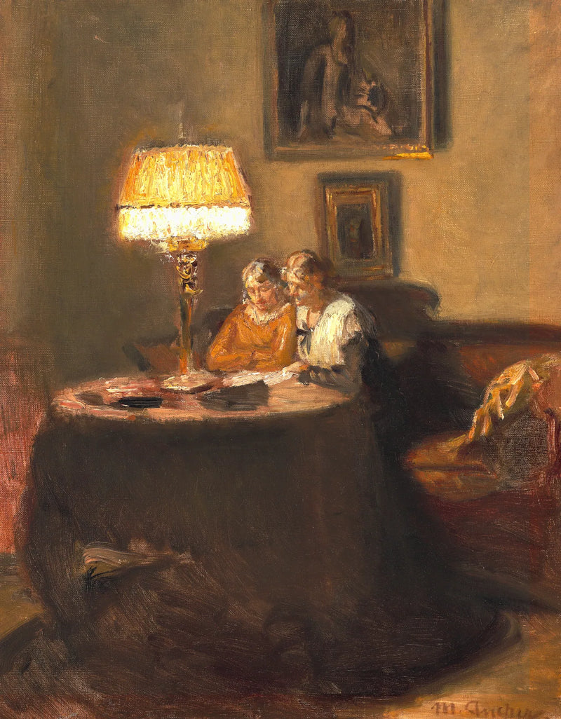 Ella ed Engel, seduti al tavolo sul divano rosso nello studio di Michael Ancher, stanno leggendo un libro. - Michael Peter Ancher