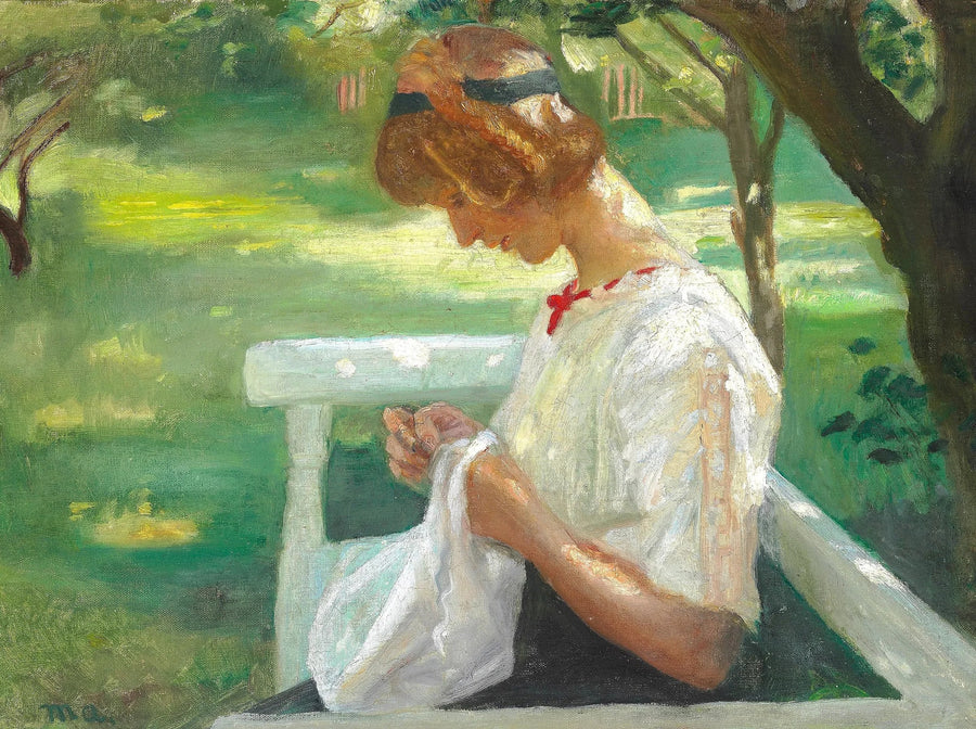 Ella Saxild cuce in giardino in una giornata estiva. - Michael Peter Ancher