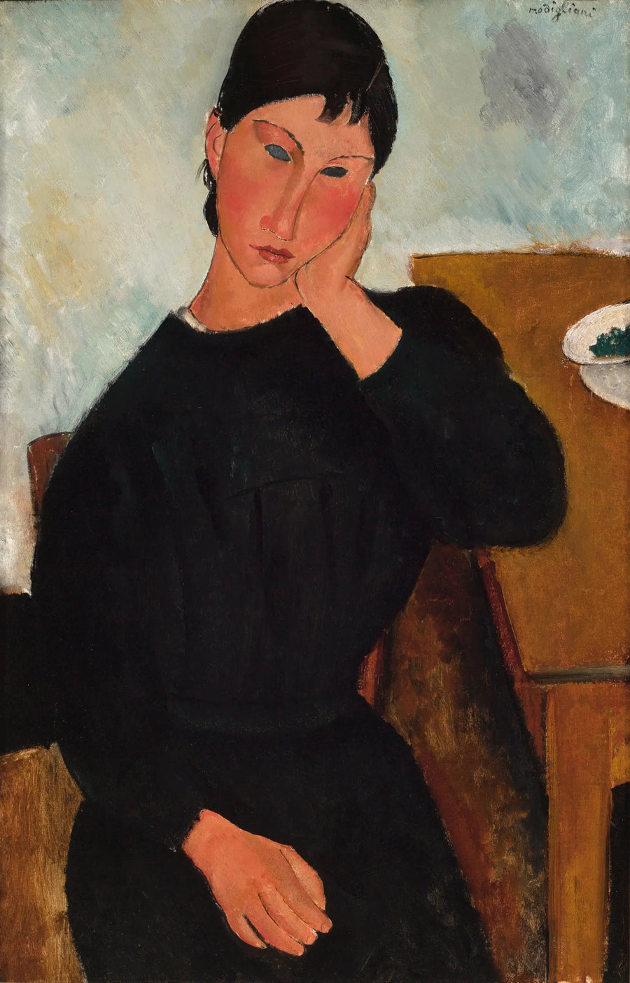 Elvire seduta, appoggiata a un tavolo - Amedeo Modigliani