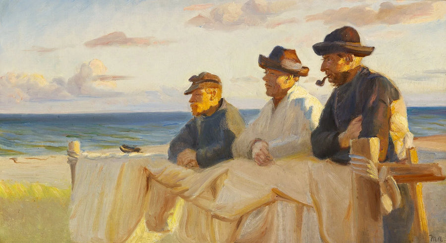 Alla fine della giornata, tre pescatori si godono gli ultimi raggi di sole. - Michael Peter Ancher