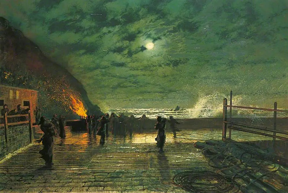 En péril (The Harbour Flare) - John Atkinson Grimshaw image 1 copie peinte à la main à l’huile