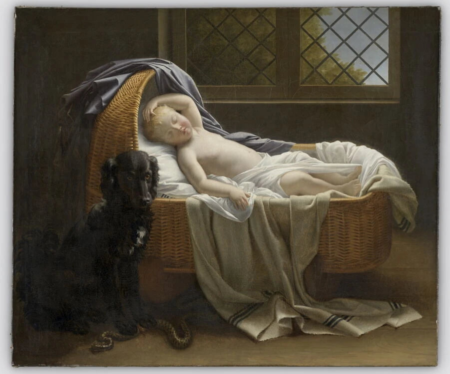 Enfant endormi dans un berceau sous la garde d'un chien courageux qui vient de tuer près de lui une énorme vipère - Jeanne Élisabeth Chaudet