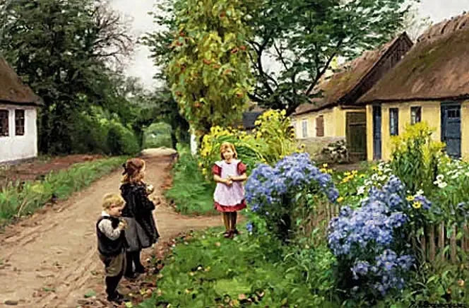 Enfants au Kirkestien. Jyllinge. - H. A. Brendekilde image 1 copie de tableau peinte à la main