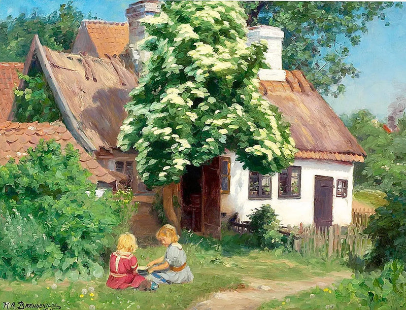Bambini che giocano davanti a una fattoria. - H. A. Brendekilde