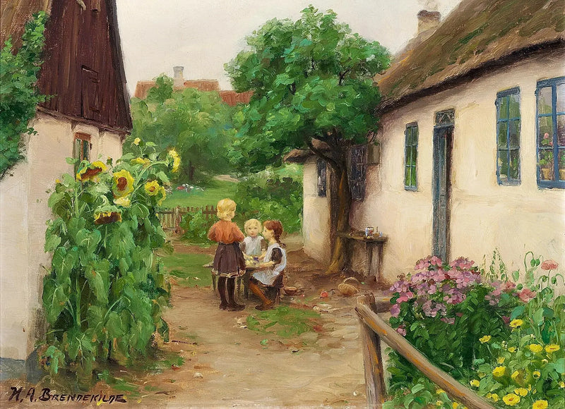 Bambini che giocano vicino a una fattoria, a sinistra dei girasoli in fiore. - H. A. Brendekilde