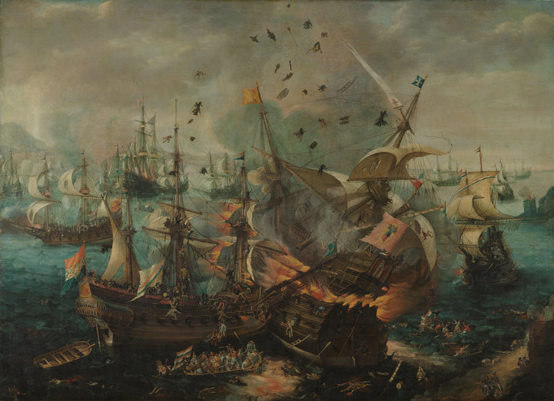 L'explosion du navire amiral espagnol lors de la bataille navale de Gibraltar - Cornelis Claesz van Wieringen