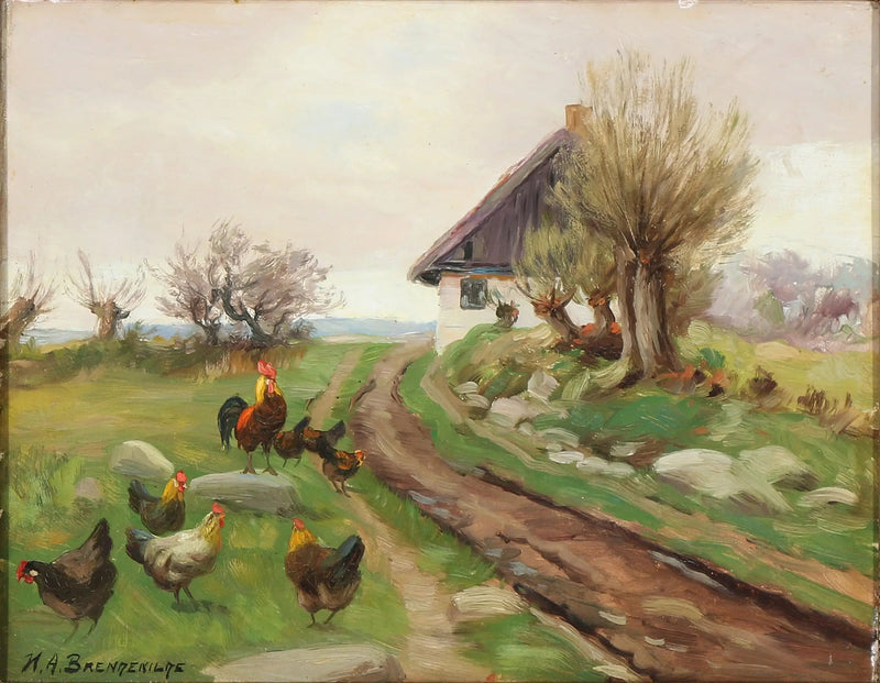 Esterno della fattoria con galline - H. A. Brendekilde
