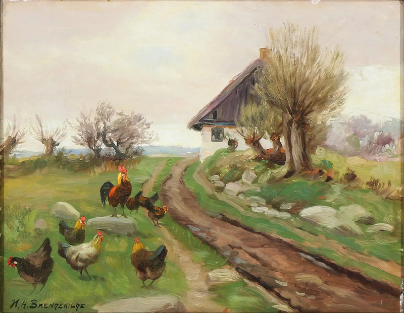 Esterno della fattoria con galline - H. A. Brendekilde