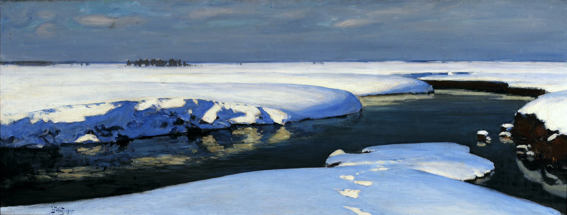 Paysage de neige avec rivière - Julian Fałat