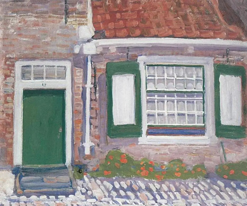 Reproduction du tableau « Façade de maison avec volets garnis de vert - Piet Mondrian » par Alpha Reproduction en peinture à l’huile