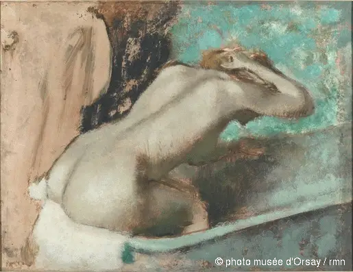 Donna seduta sul bordo di una vasca da bagno che si asciuga il collo - Edgar Degas