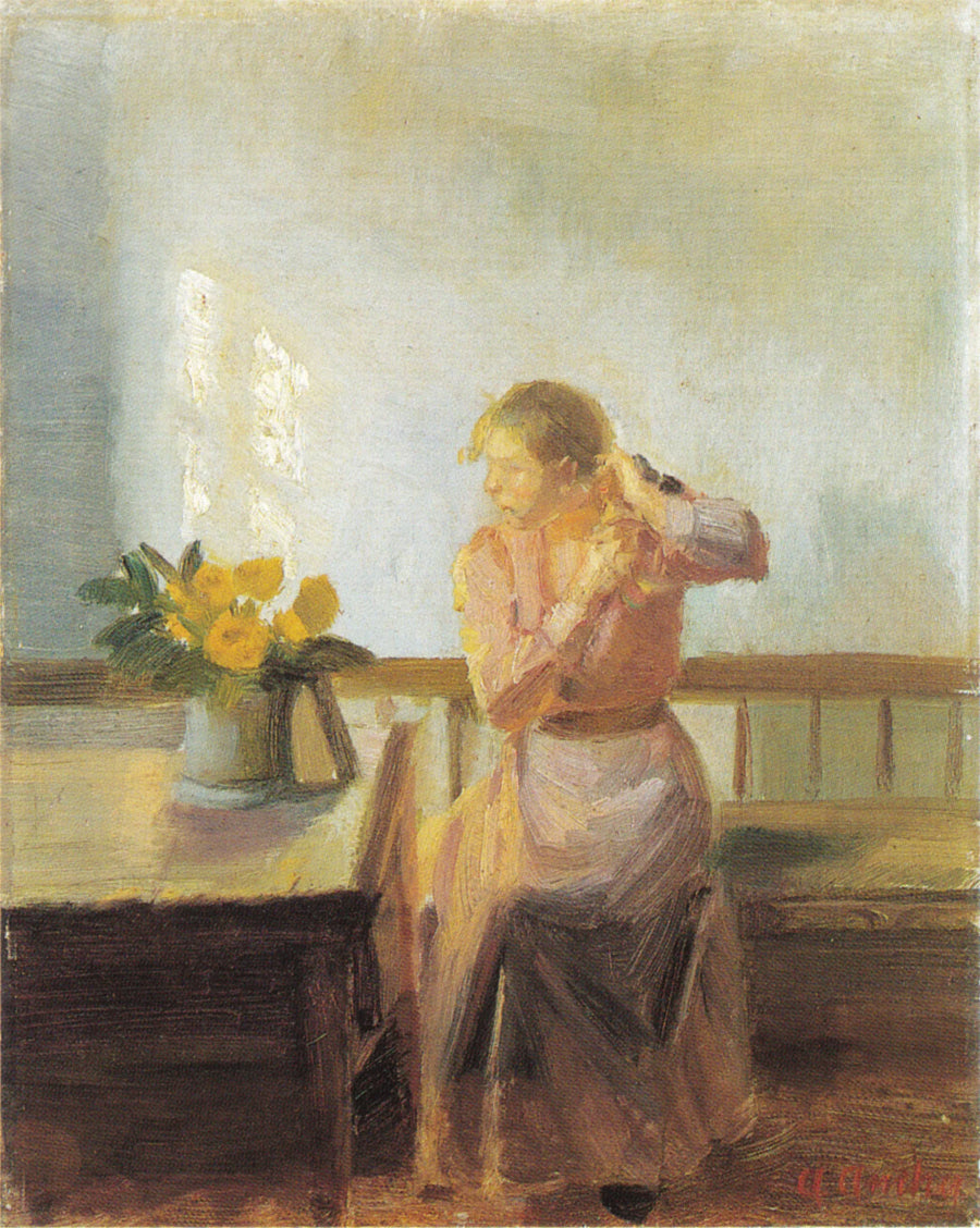 Donna seduta che si intreccia i capelli - Anna Ancher