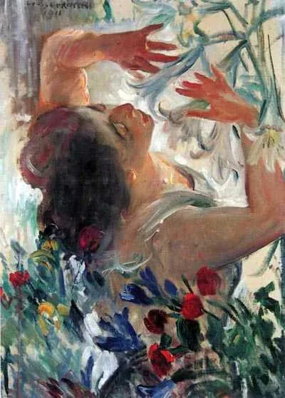 Donna con gigli in una serra - Lovis Corinth