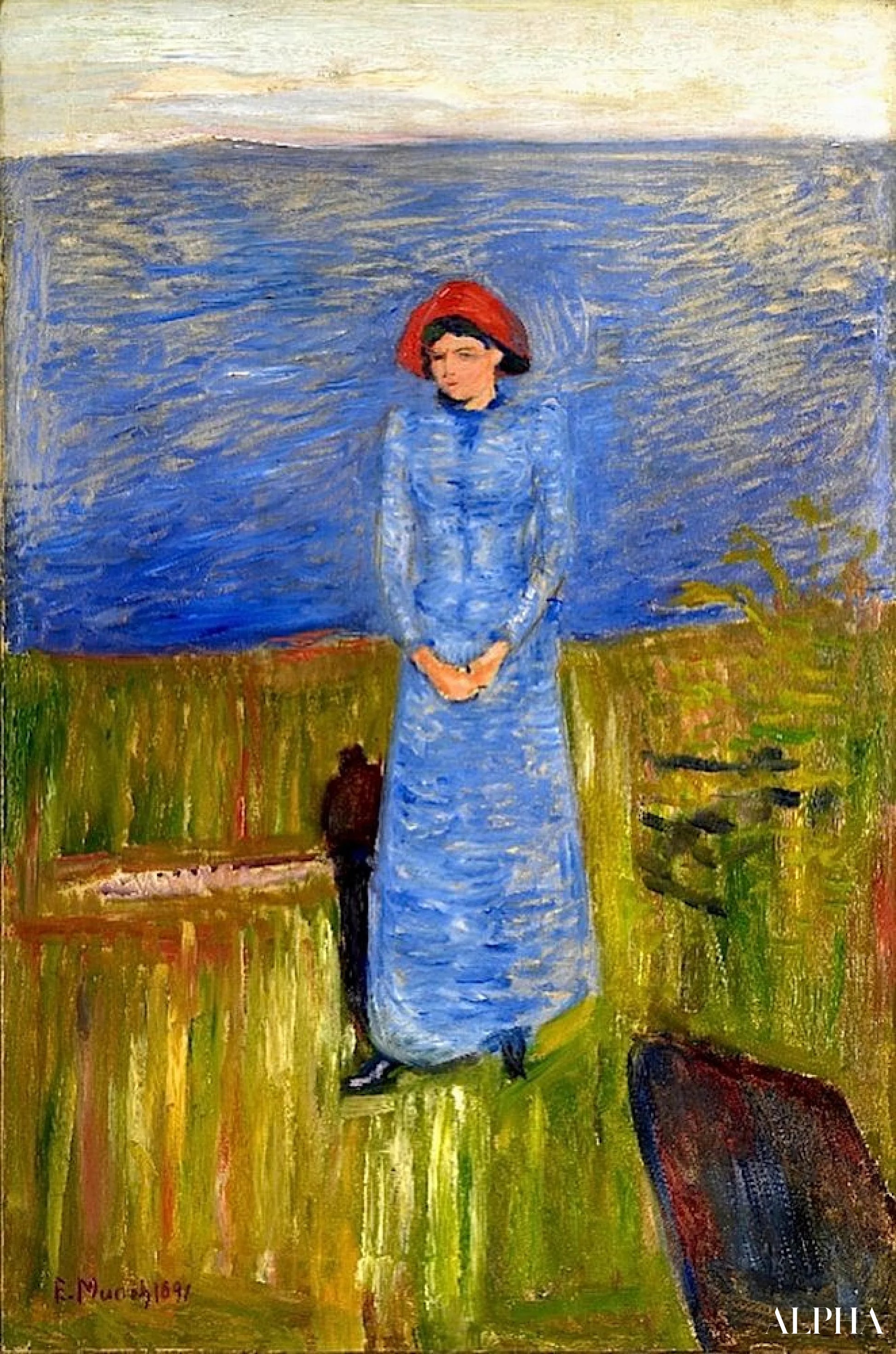 Donna con un cappello rosso al fiordo - Edvard Munch - Riproduzioni di quadri e dipinti di alta qualità